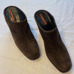Prada. Prada Mules. Brown suede shoes with covered wedge heel. Size 8 -Euro 38.5